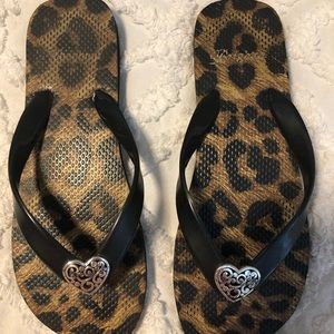 Brighton shoes, leopard print, silver tone, heart detail, brown flip-flops.
